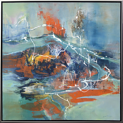 Lyne Marshall_ Fire Across the River 122 x 122 cm framed acrylic on canvas SOLD