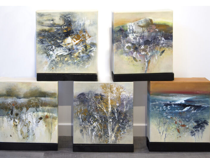 Lyne Marshall Group of five paintings each 30 x 30 cm plus black plinth