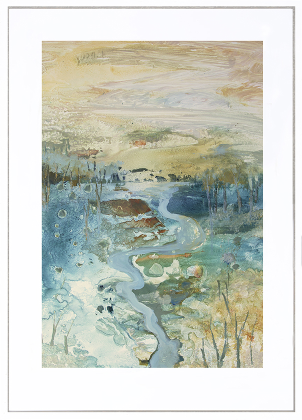 Abstract landscape painting of a winding river through wetlands under a pale sky
